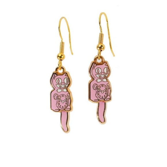 Vintage Kit Cat Klock Clock Pink Earrings Kitty Cat swinging tail Hypoallergenic - Picture 1 of 5